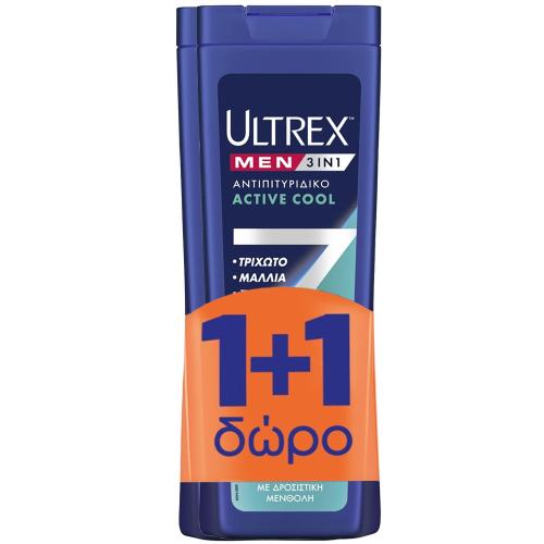 Ultrex Πακέτο Προσφοράς Men 3 in 1 Shampoo Active Cool Ανδρικό Αντιπιτυριδικό Σαμπουάν,Conditioner & Αφρόλουτρο 3σε1 σε Μορφή Gel με Δροσιστική Μενθόλη 2x360ml